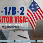 B-1/B-2 Visitor Visa banner featuring a U.S. passport, visa application form, and American flag with text about everything applicants need to know before applying for a U.S. visitor visa.