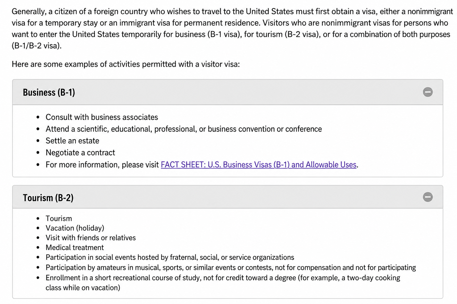 Chart showing permitted activities under U.S. B-1 Business Visitor Visa and B-2 Tourist Visitor Visa, including meetings, conferences, tourism, family visits, and medical treatment.