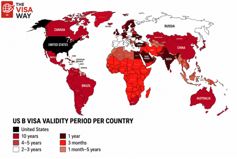 World map displaying U.S. B-1/B-2 visitor visa validity periods by country, with color-coded regions indicating visa validity from 1 month to 10 years.