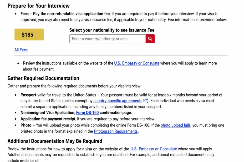 Screenshot of U.S. visa interview preparation instructions showing the $185 application fee, DS-160 confirmation requirement, passport guidelines, photo requirements, and required visa interview documents.