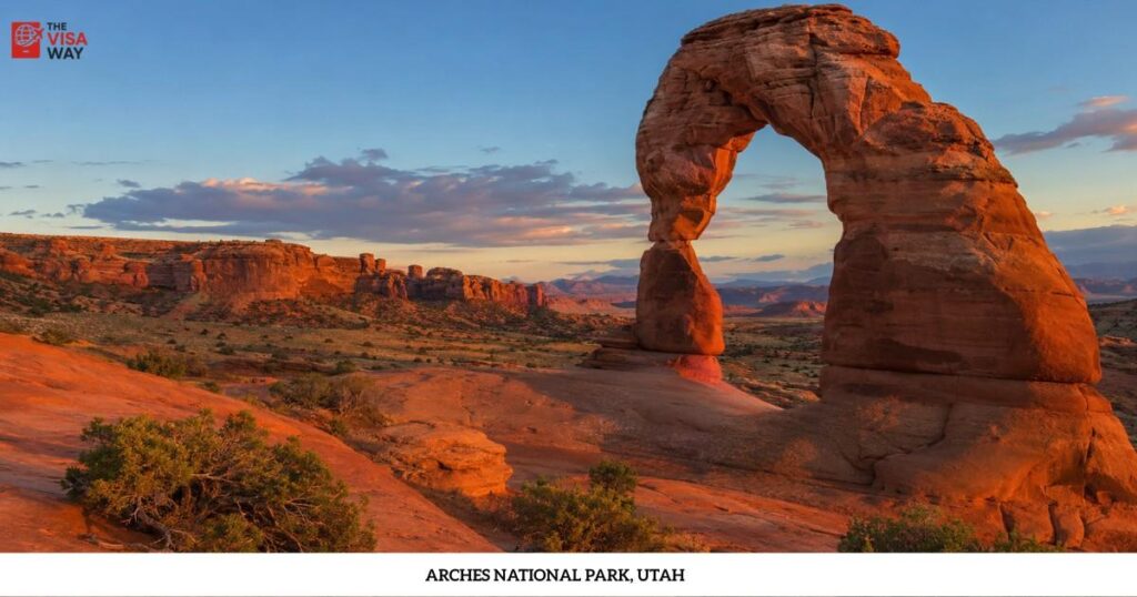 Delicate Arch glowing at sunset in Arches National Park, Utah