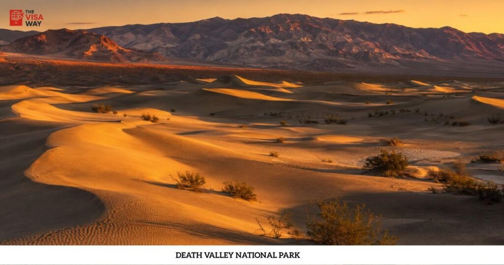 Golden sand dunes and rugged mountains at sunset in Death Valley National Park