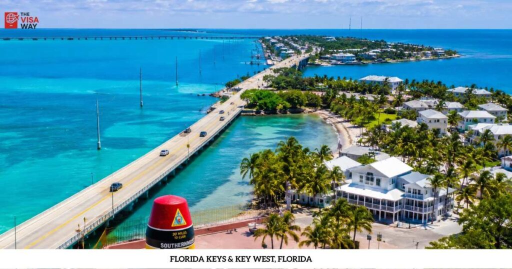 Aerial view of Florida Keys and Key West with turquoise water, bridges, and tropical homes
