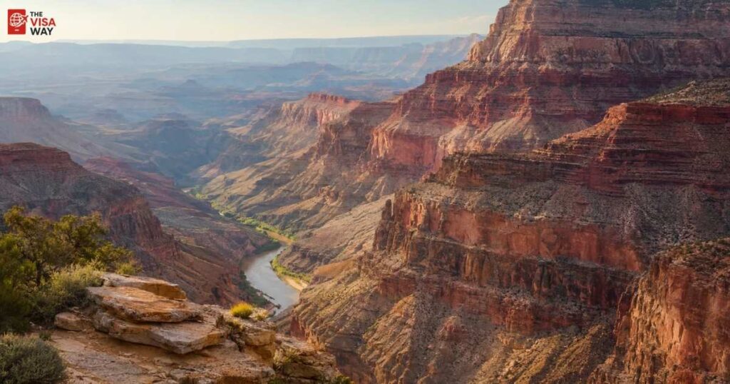 Layered rock formations and Colorado River in Grand Canyon National Park