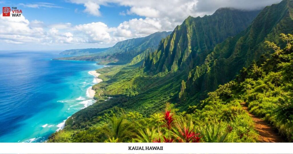 Kauai coastline in Hawaii with turquoise ocean and lush green mountains