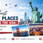Collage of famous USA tourist places featuring the Statue of Liberty, New York skyline, Golden Gate Bridge, Grand Canyon, and Miami