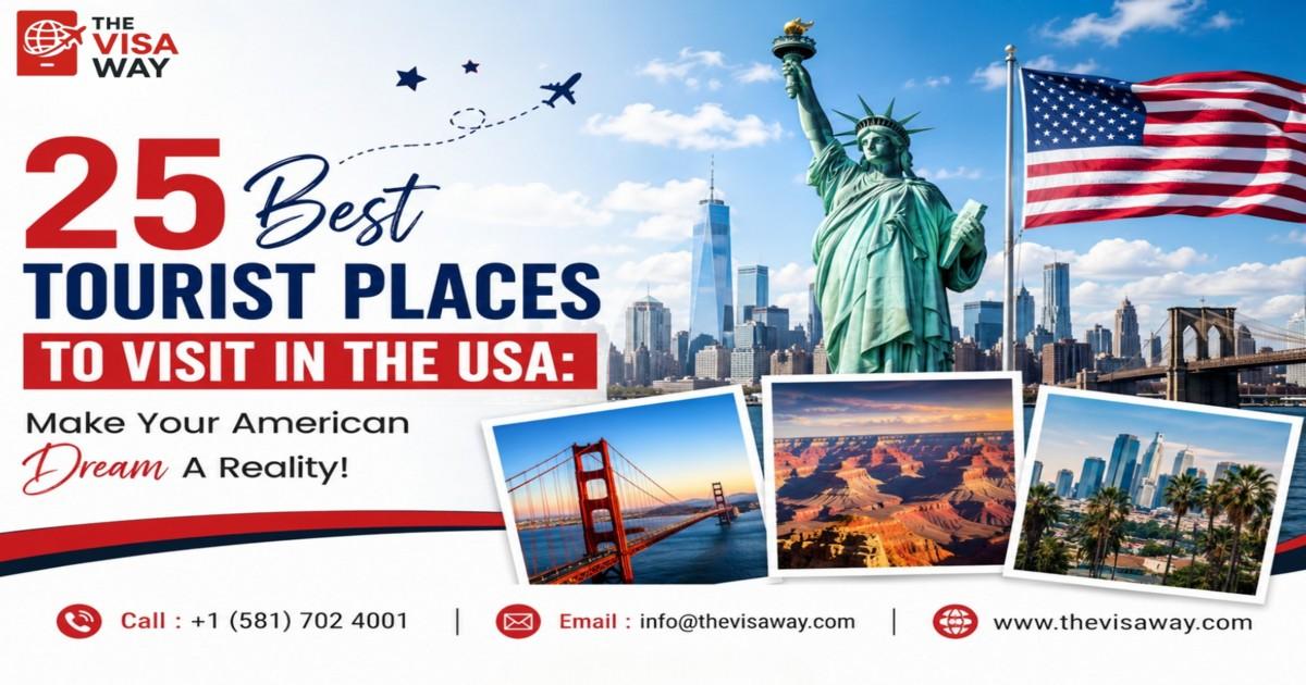 Collage of famous USA tourist places featuring the Statue of Liberty, New York skyline, Golden Gate Bridge, Grand Canyon, and Miami