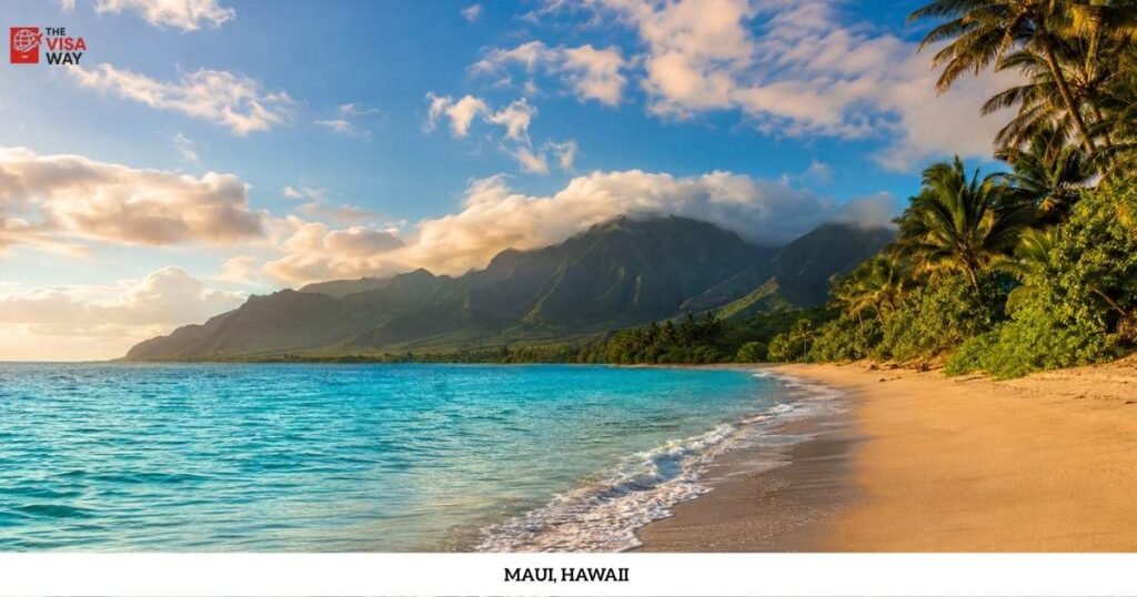 Tropical beach in Maui, Hawaii, with turquoise water, palm trees, and green mountains