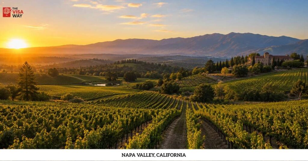 Vineyard rows and rolling hills at sunset in Napa Valley, California