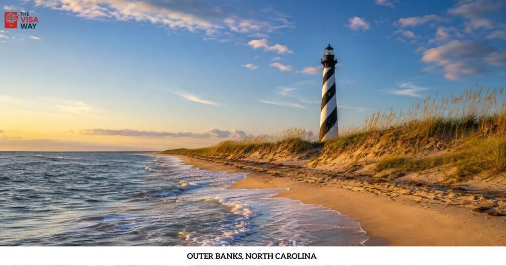 Cape Hatteras Lighthouse beside a sandy beach in the Outer Banks, North Carolina