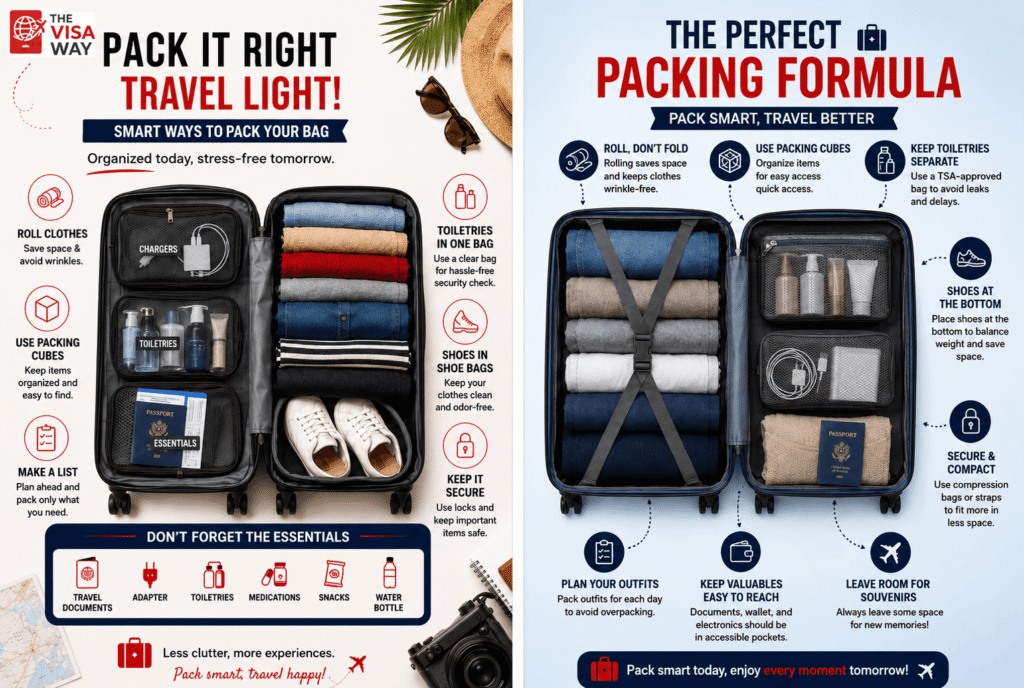 USA travel packing guide showing smart suitcase organization with packing cubes, rolled clothes, toiletries, travel documents, shoes, and essential packing tips