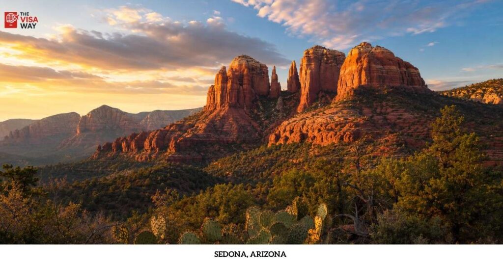 Red sandstone formations glowing at sunset in Sedona, Arizona