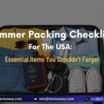 Summer packing checklist for the USA featuring a suitcase with travel essentials including passport, clothes, camera, shoes, sunglasses, and water bottle