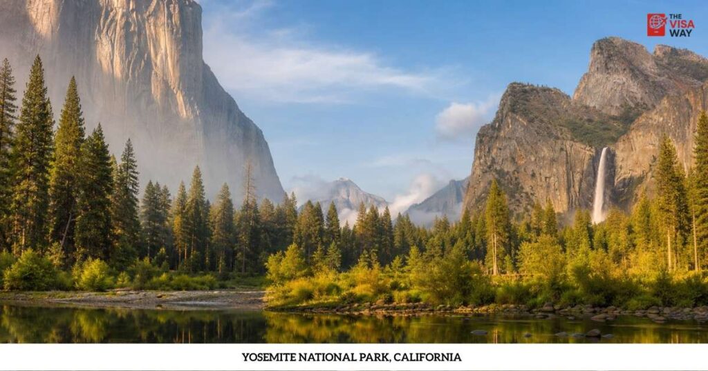 Yosemite Valley with granite cliffs, waterfall, pine forest, and a calm river in California