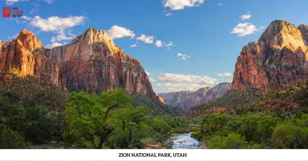 Zion National Park in Utah with red cliffs, green trees, and the Virgin River